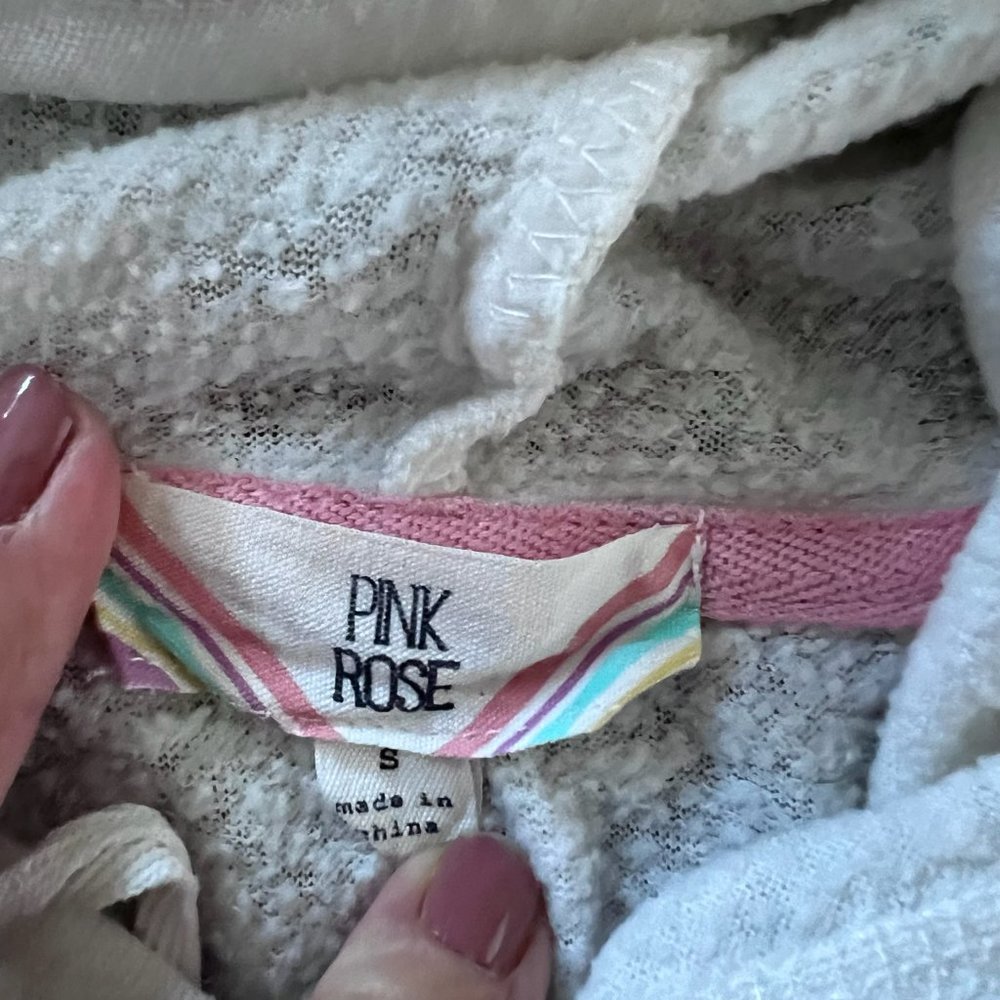 EUC Pink Rose White Lightweight Hoodie with Colorful Accent Stripes Sz S - Picture 2 of 4
